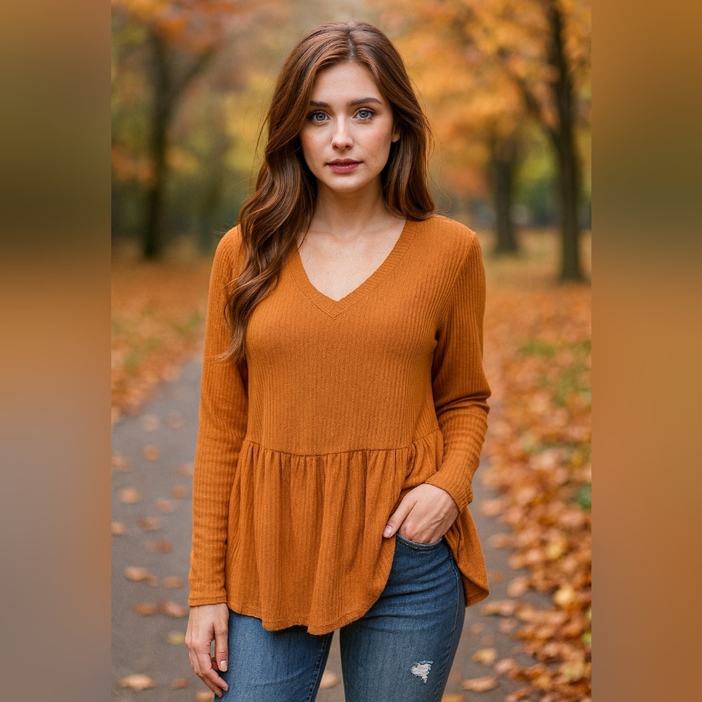Terra & Sky Burnt Orange Waffle Knit Peplum V-Neck Long Sleeve Baby Doll Top